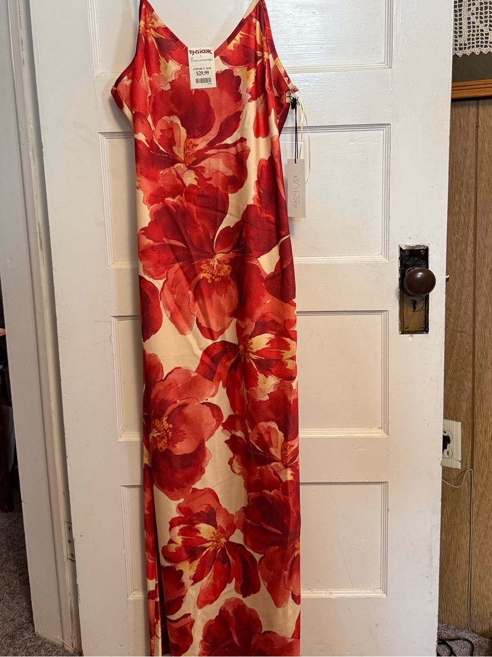 NWT TJ Maxx red floral maxi dress with cream/yellow background, Size Large